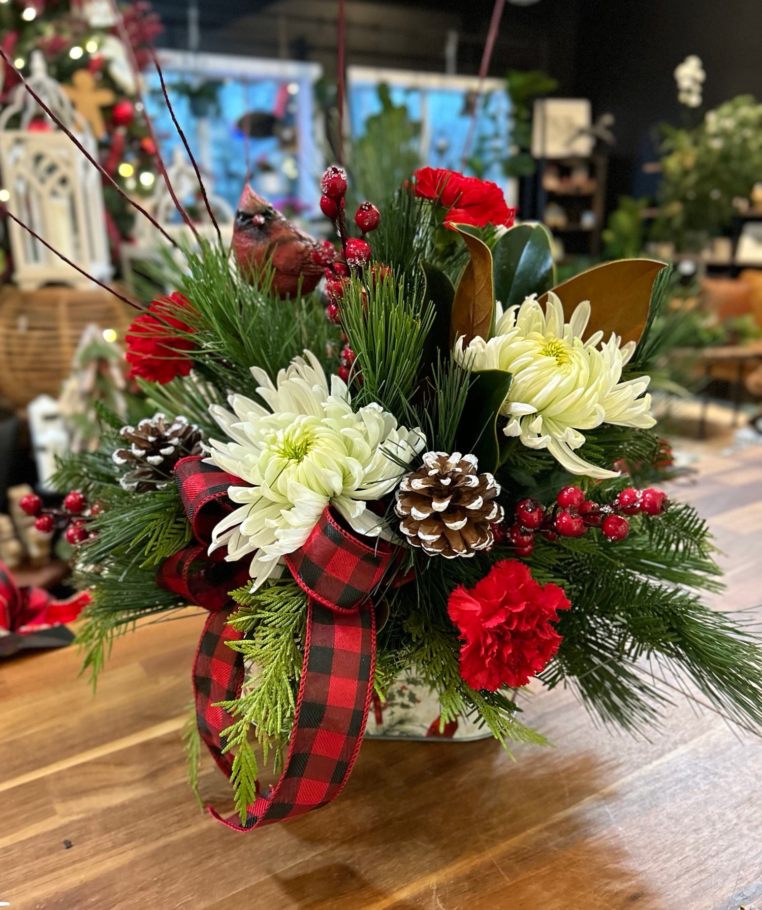 Cardinal in the Woods Fresh Arrangement