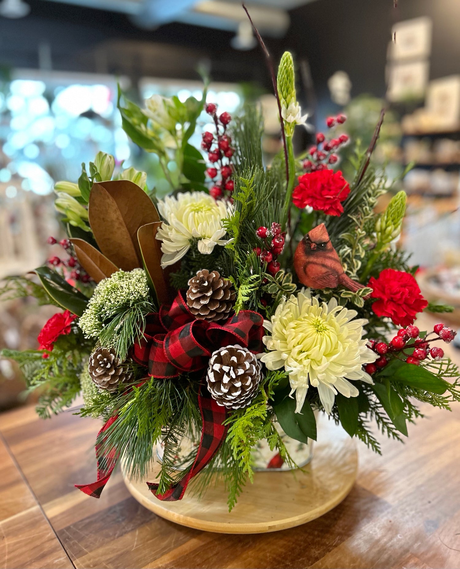 Cardinal in the Woods Fresh Arrangement