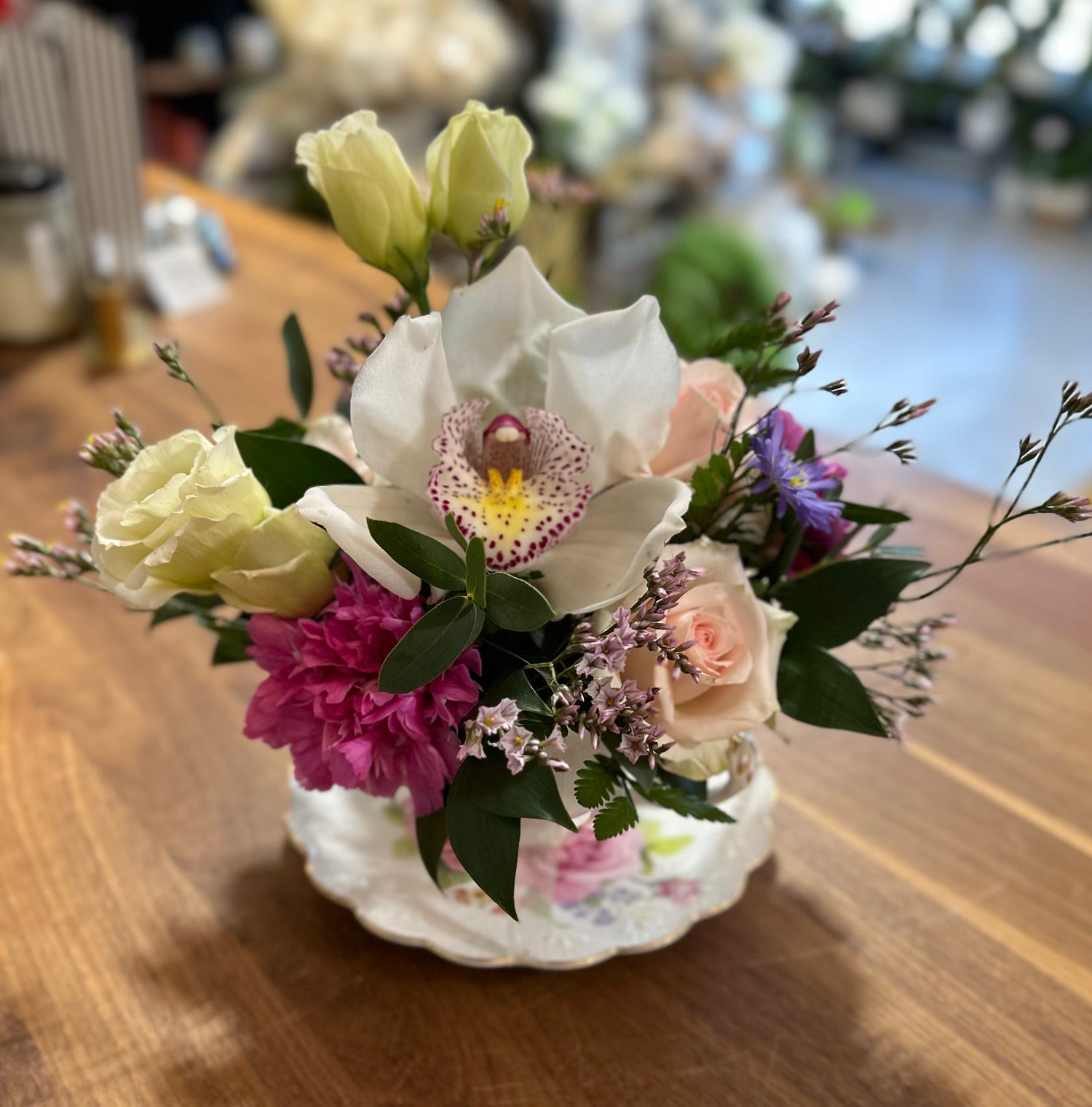 Garden Party Arrangement in a Tea Cup