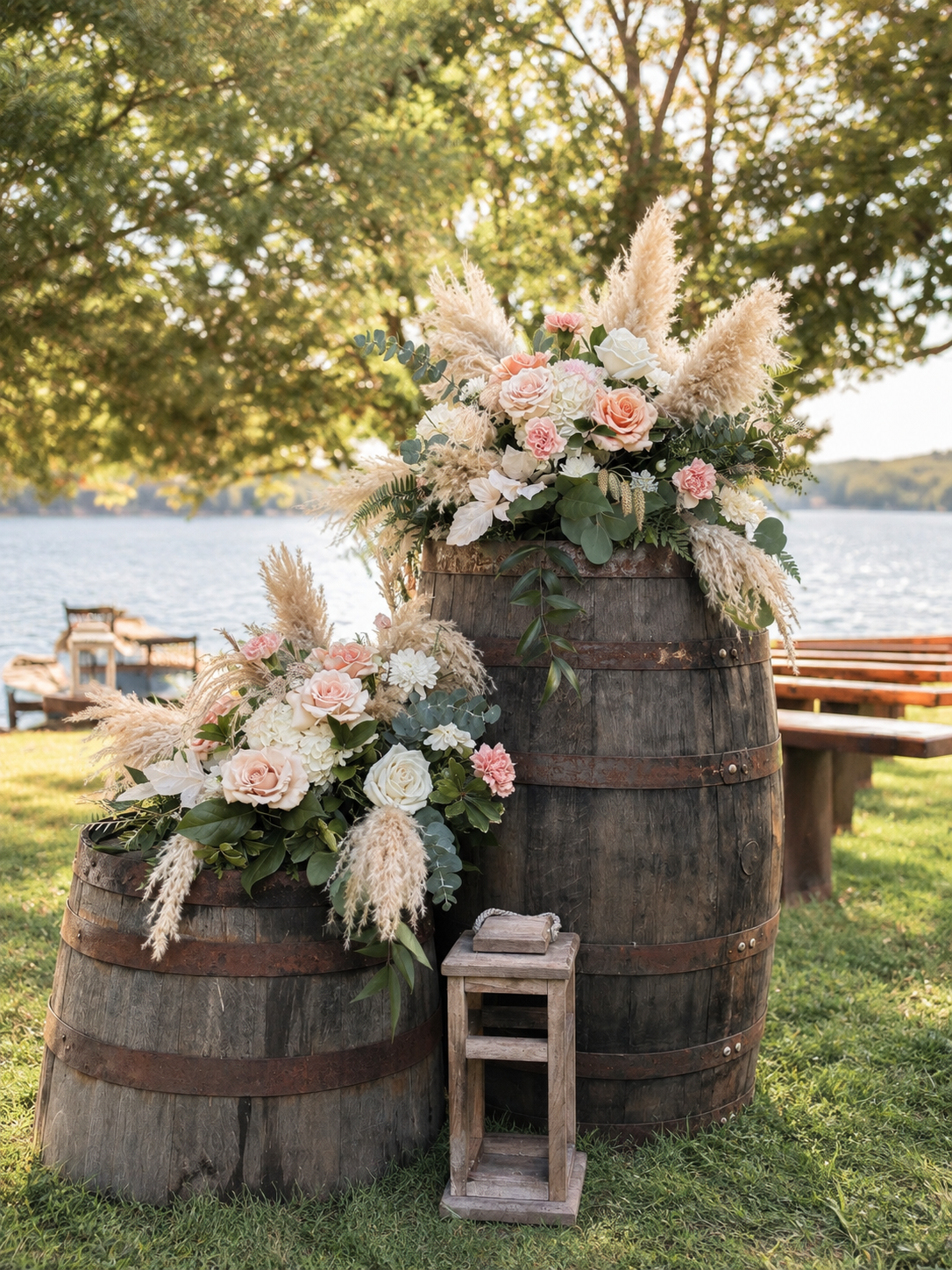 Wedding: Whiskey Barrel Arrangements for the Ceremony