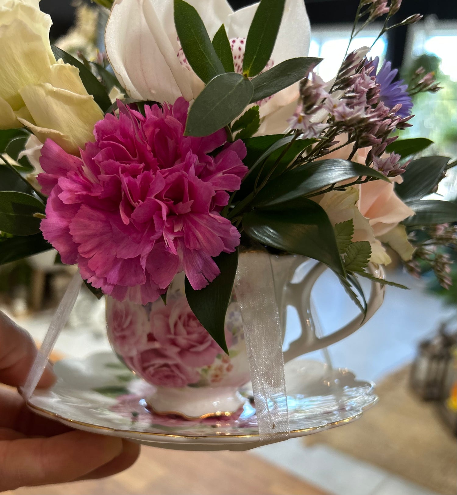 Garden Party Arrangement in a Tea Cup